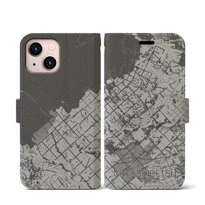 【中標津（北海道）】地図柄iPhoneケース（手帳タイプ）モノトーン・iPhone 13 mini 用