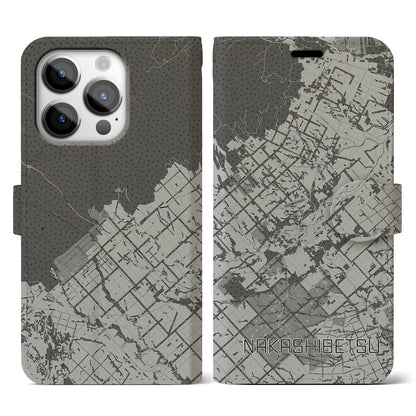 【中標津（北海道）】地図柄iPhoneケース（手帳タイプ）モノトーン・iPhone 14 Pro 用