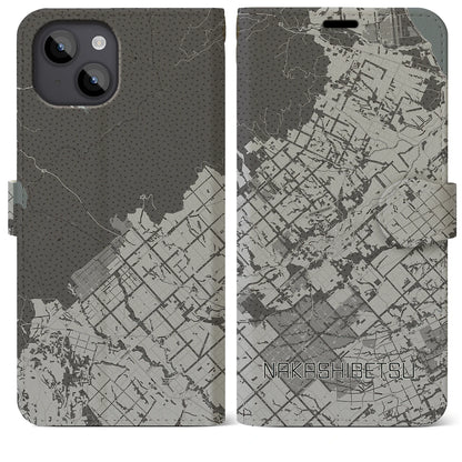 【中標津（北海道）】地図柄iPhoneケース（手帳タイプ）モノトーン・iPhone 14 Plus 用