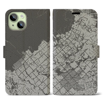 【中標津（北海道）】地図柄iPhoneケース（手帳タイプ）モノトーン・iPhone 15 用