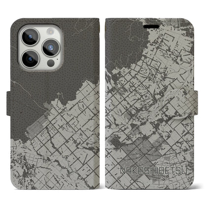 【中標津（北海道）】地図柄iPhoneケース（手帳タイプ）モノトーン・iPhone 15 Pro 用