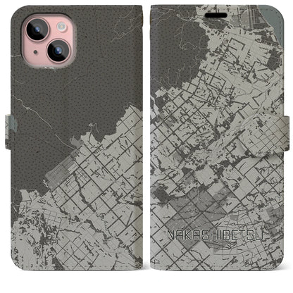 【中標津（北海道）】地図柄iPhoneケース（手帳タイプ）モノトーン・iPhone 15 Plus 用