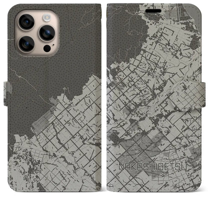 【中標津（北海道）】地図柄iPhoneケース（手帳タイプ）モノトーン・iPhone 16 Plus 用