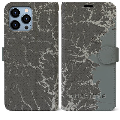 【中土佐（高知県）】地図柄iPhoneケース（手帳タイプ）モノトーン・iPhone 13 Pro Max 用