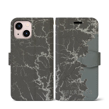 【中土佐（高知県）】地図柄iPhoneケース（手帳タイプ）モノトーン・iPhone 13 mini 用