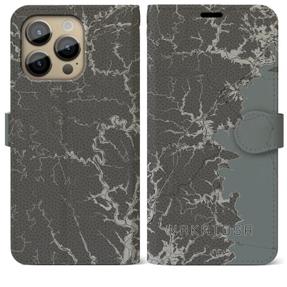 【中土佐（高知県）】地図柄iPhoneケース（手帳タイプ）モノトーン・iPhone 14 Pro Max 用