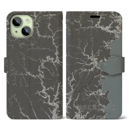 【中土佐（高知県）】地図柄iPhoneケース（手帳タイプ）モノトーン・iPhone 15 用