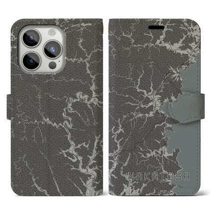 【中土佐（高知県）】地図柄iPhoneケース（手帳タイプ）モノトーン・iPhone 15 Pro 用