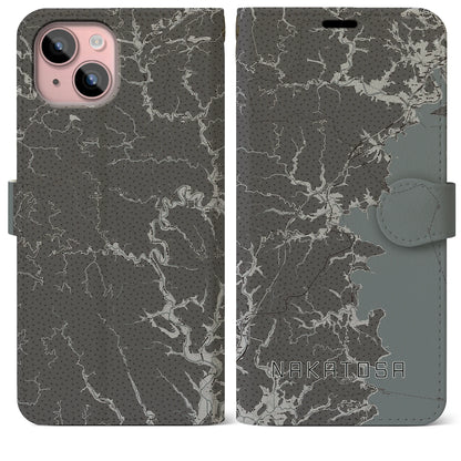 【中土佐（高知県）】地図柄iPhoneケース（手帳タイプ）モノトーン・iPhone 15 Plus 用