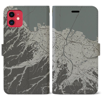 【中津（大分県）】地図柄iPhoneケース（手帳タイプ）モノトーン・iPhone 11 用