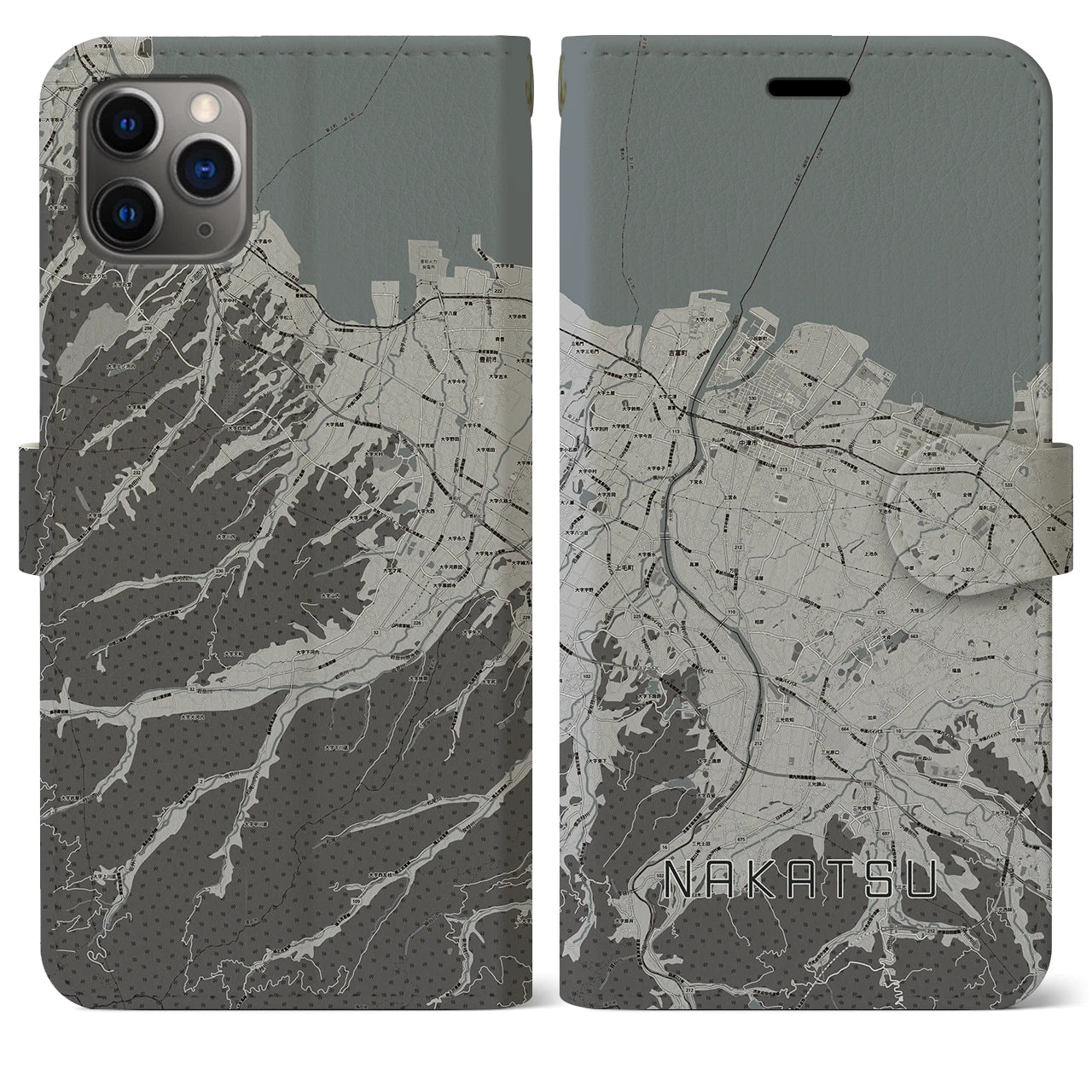 【中津】地図柄iPhoneケース（手帳両面タイプ・モノトーン）iPhone 11 Pro Max 用