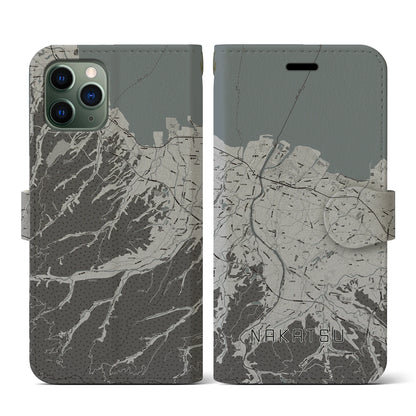 【中津（大分県）】地図柄iPhoneケース（手帳タイプ）モノトーン・iPhone 11 Pro 用