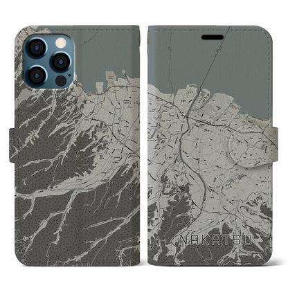 【中津（大分県）】地図柄iPhoneケース（手帳タイプ）モノトーン・iPhone 12 / 12 Pro 用