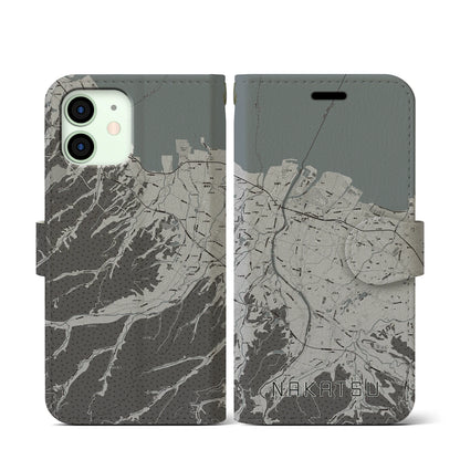 【中津（大分県）】地図柄iPhoneケース（手帳タイプ）モノトーン・iPhone 12 mini 用