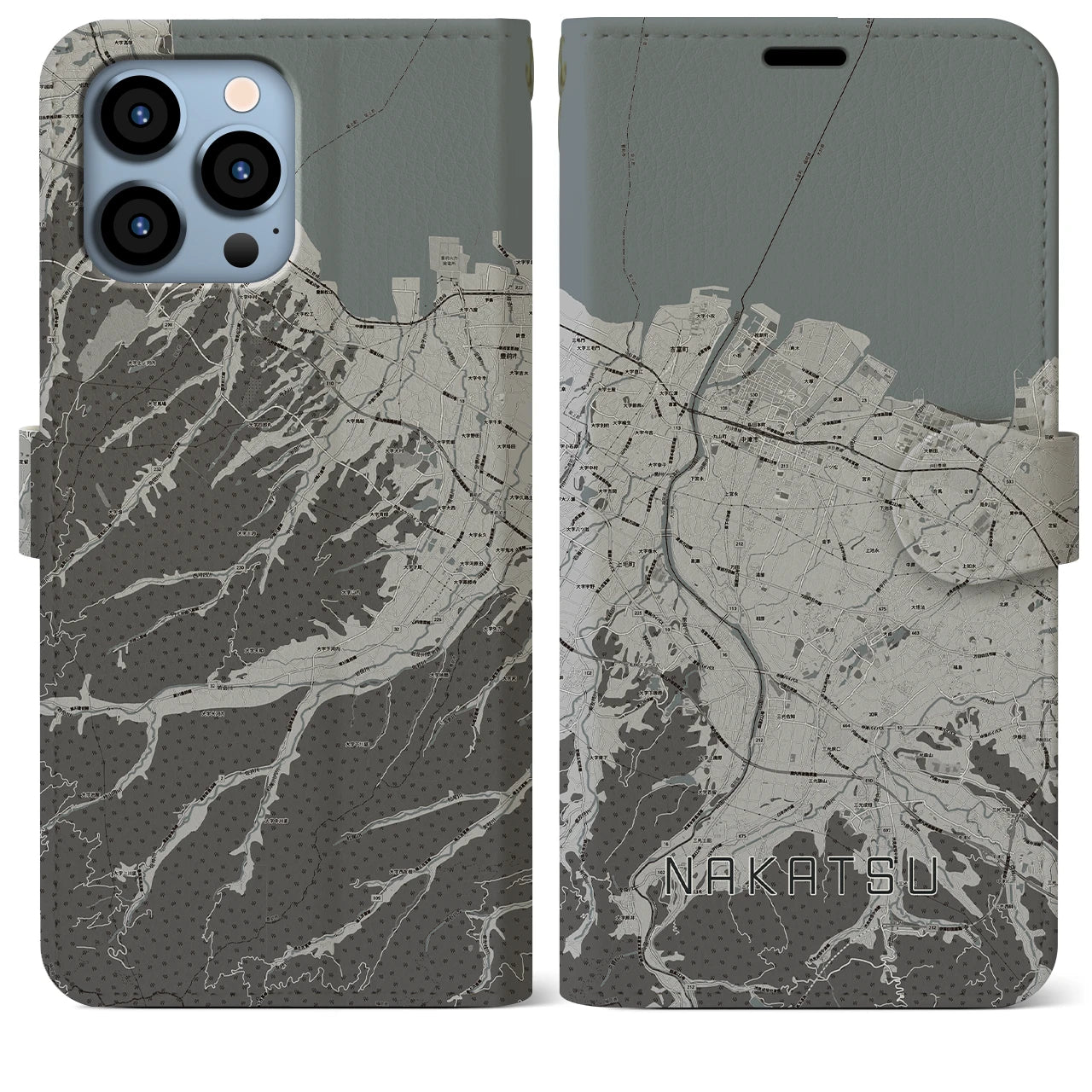 【中津】地図柄iPhoneケース（手帳両面タイプ・モノトーン）iPhone 13 Pro Max 用