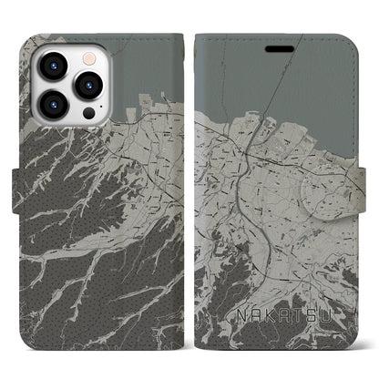 【中津（大分県）】地図柄iPhoneケース（手帳タイプ）モノトーン・iPhone 13 Pro 用