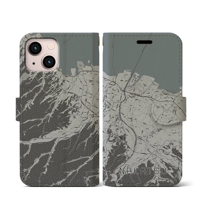 【中津（大分県）】地図柄iPhoneケース（手帳タイプ）モノトーン・iPhone 13 mini 用