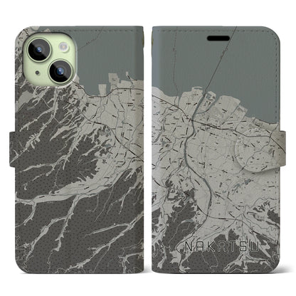 【中津（大分県）】地図柄iPhoneケース（手帳タイプ）モノトーン・iPhone 15 用
