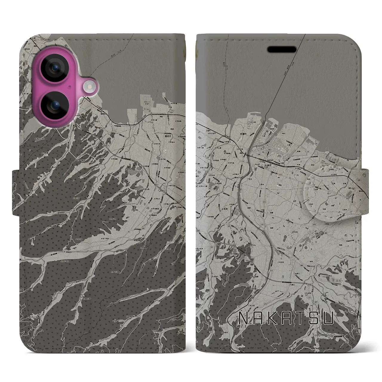 【中津（大分県）】地図柄iPhoneケース（手帳タイプ）モノトーン・iPhone 16 Pro 用