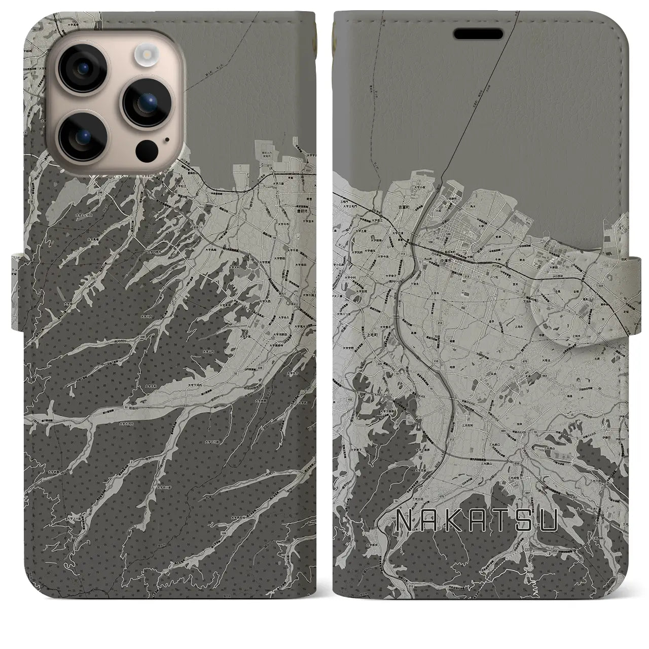 【中津（大分県）】地図柄iPhoneケース（手帳タイプ）モノトーン・iPhone 16 Plus 用