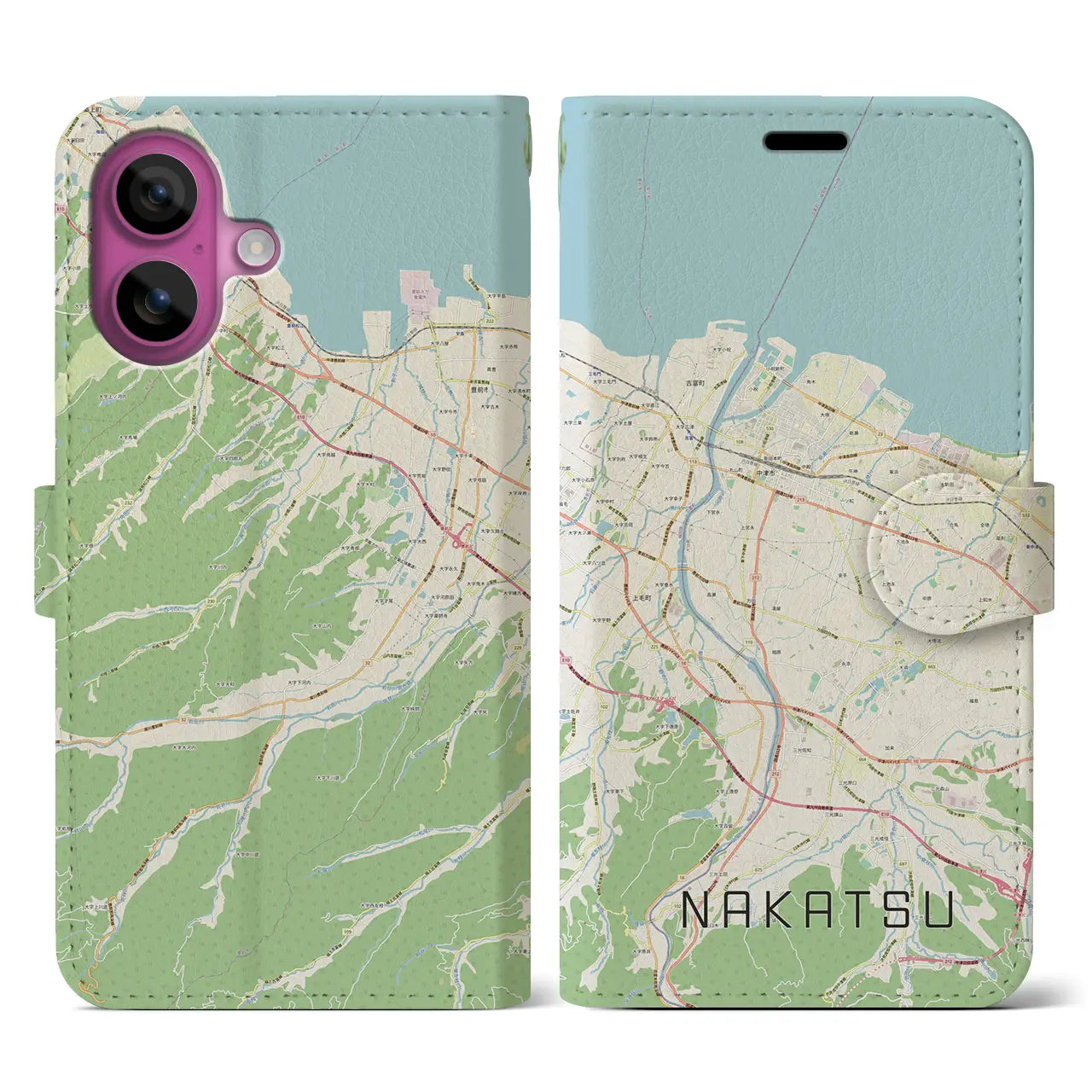 【中津（大分県）】地図柄iPhoneケース（手帳タイプ）ナチュラル・iPhone 16 Pro 用