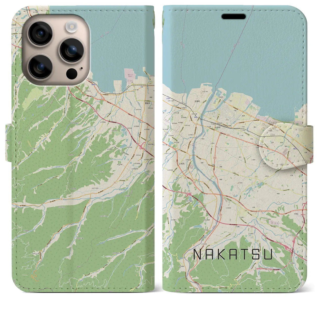 【中津（大分県）】地図柄iPhoneケース（手帳タイプ）ナチュラル・iPhone 16 Plus 用