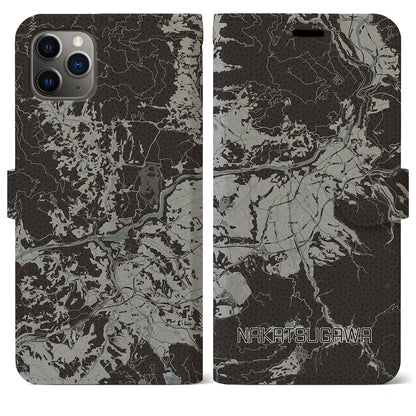 【中津川（岐阜県）】地図柄iPhoneケース（手帳タイプ）モノトーン・iPhone 11 Pro Max 用