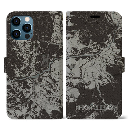 【中津川（岐阜県）】地図柄iPhoneケース（手帳タイプ）モノトーン・iPhone 12 / 12 Pro 用