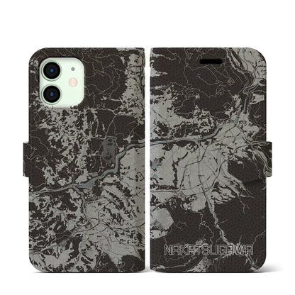 【中津川（岐阜県）】地図柄iPhoneケース（手帳タイプ）モノトーン・iPhone 12 mini 用