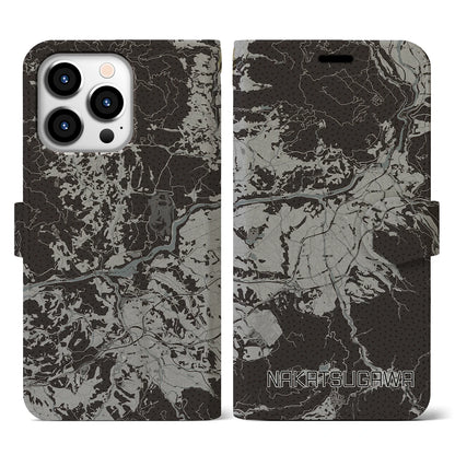 【中津川（岐阜県）】地図柄iPhoneケース（手帳タイプ）モノトーン・iPhone 13 Pro 用