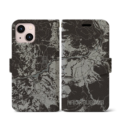 【中津川（岐阜県）】地図柄iPhoneケース（手帳タイプ）モノトーン・iPhone 13 mini 用