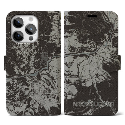 【中津川（岐阜県）】地図柄iPhoneケース（手帳タイプ）モノトーン・iPhone 14 Pro 用
