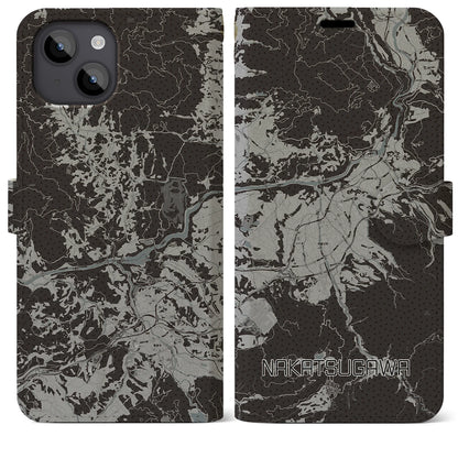 【中津川（岐阜県）】地図柄iPhoneケース（手帳タイプ）モノトーン・iPhone 14 Plus 用