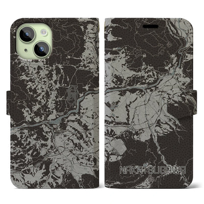 【中津川（岐阜県）】地図柄iPhoneケース（手帳タイプ）モノトーン・iPhone 15 用