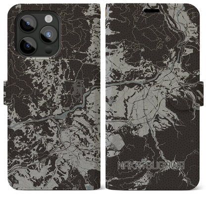 【中津川（岐阜県）】地図柄iPhoneケース（手帳タイプ）モノトーン・iPhone 15 Pro Max 用