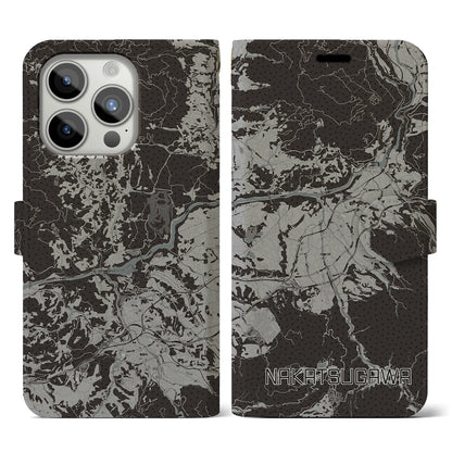 【中津川（岐阜県）】地図柄iPhoneケース（手帳タイプ）モノトーン・iPhone 15 Pro 用