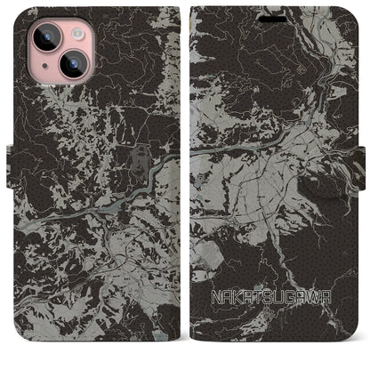 【中津川（岐阜県）】地図柄iPhoneケース（手帳タイプ）モノトーン・iPhone 15 Plus 用