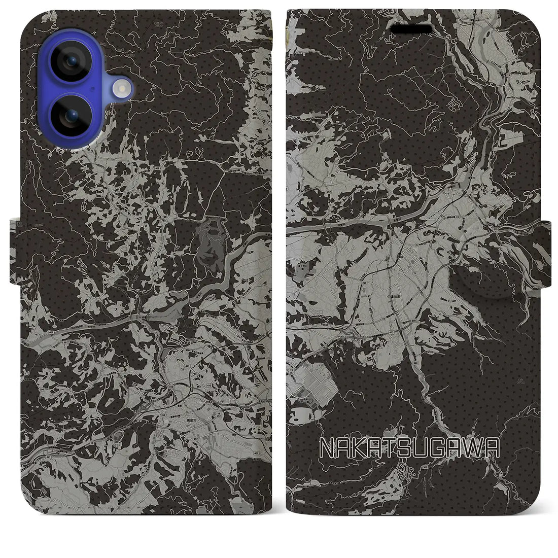【中津川(岐阜県)】地図柄iPhoneケース(手帳タイプ)モノトーン・iPhone 16 Pro Max 用