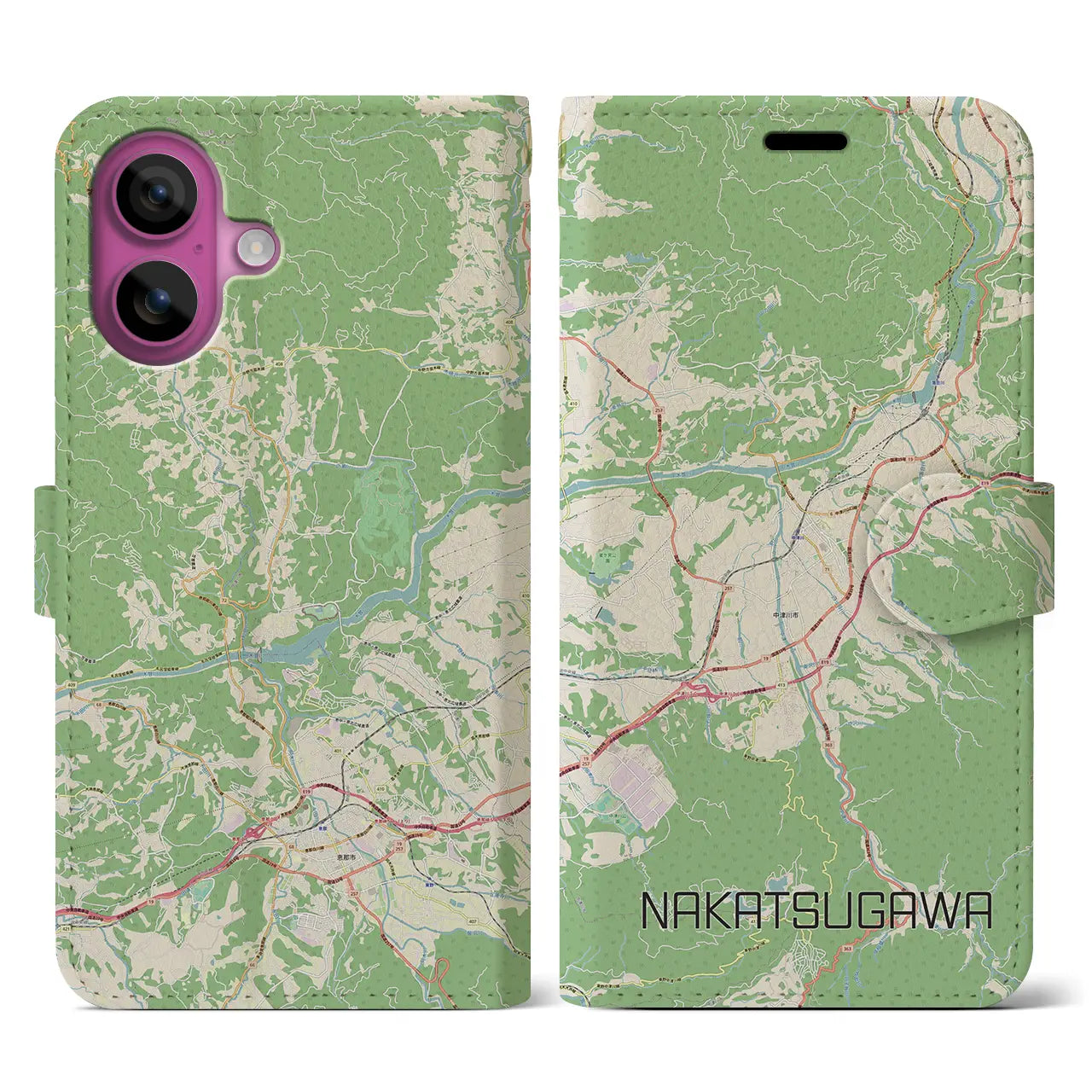 【中津川（岐阜県）】地図柄iPhoneケース（手帳タイプ）ナチュラル・iPhone 16 Pro 用