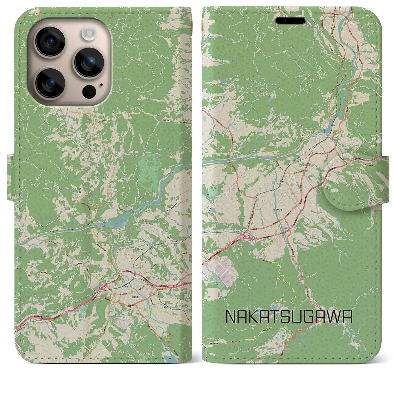 【中津川（岐阜県）】地図柄iPhoneケース（手帳タイプ）ナチュラル・iPhone 16 Plus 用