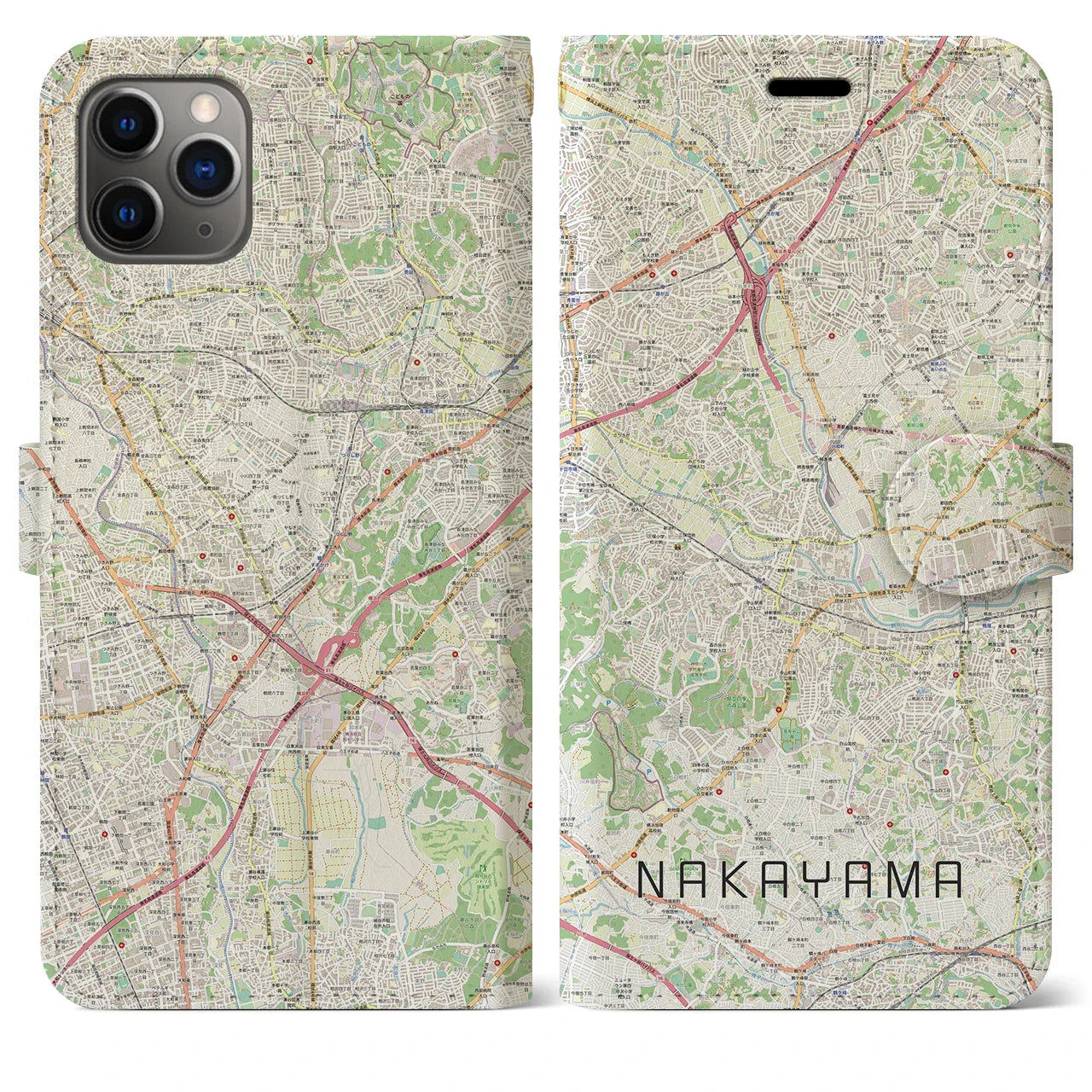 【中山（神奈川県）】地図柄iPhoneケース（手帳タイプ）ナチュラル・iPhone 11 Pro Max 用