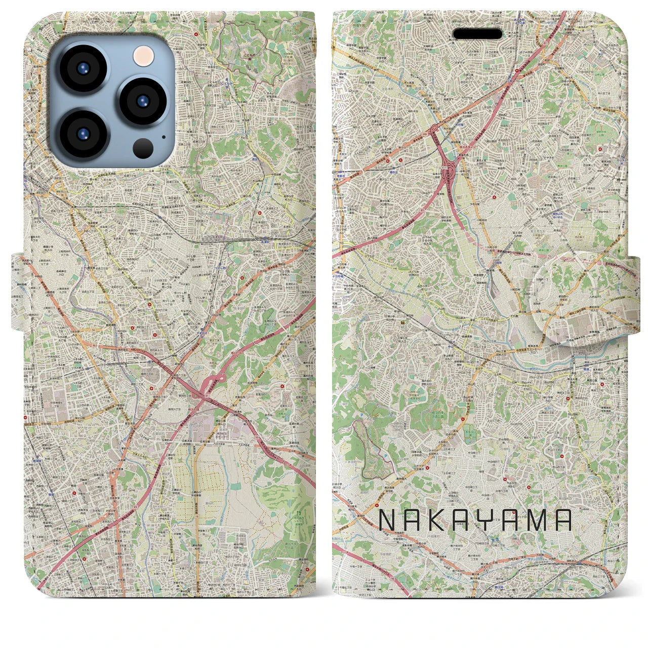 【中山（神奈川県）】地図柄iPhoneケース（手帳タイプ）ナチュラル・iPhone 13 Pro Max 用