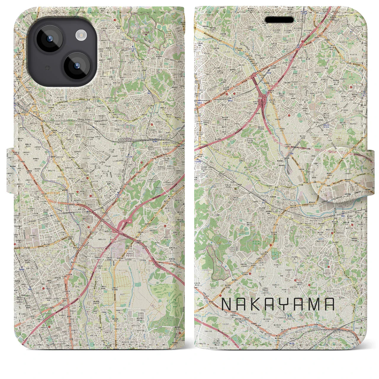 【中山（神奈川県）】地図柄iPhoneケース（手帳タイプ）ナチュラル・iPhone 14 Plus 用