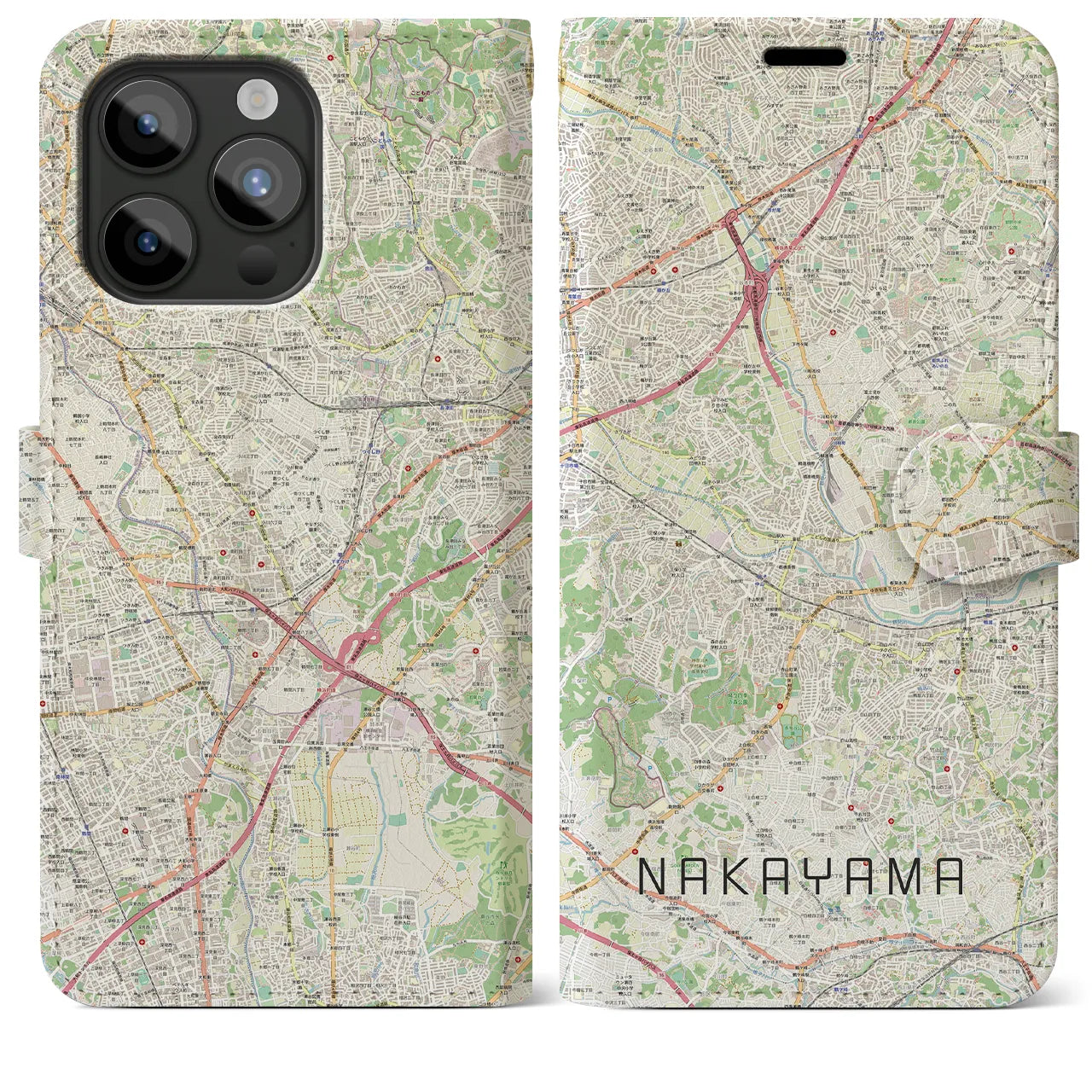 【中山（神奈川県）】地図柄iPhoneケース（手帳タイプ）ナチュラル・iPhone 15 Pro Max 用