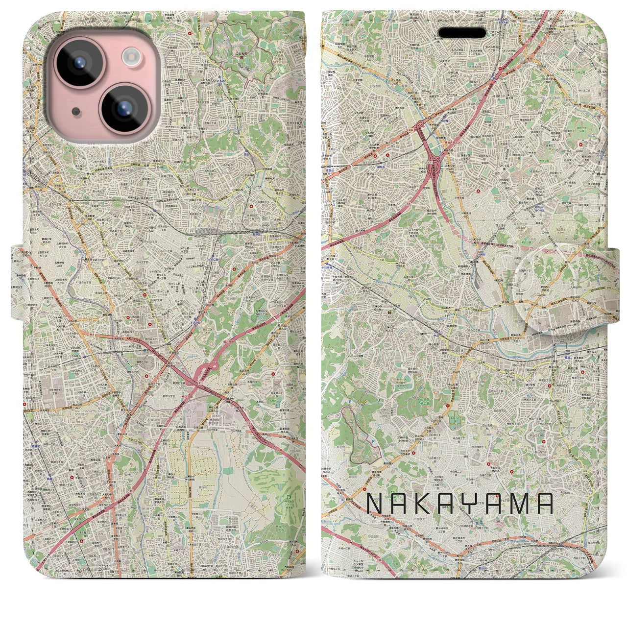 【中山（神奈川県）】地図柄iPhoneケース（手帳タイプ）ナチュラル・iPhone 15 Plus 用