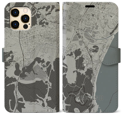 【勿来（福島県）】地図柄iPhoneケース（手帳タイプ）モノトーン・iPhone 12 Pro Max 用