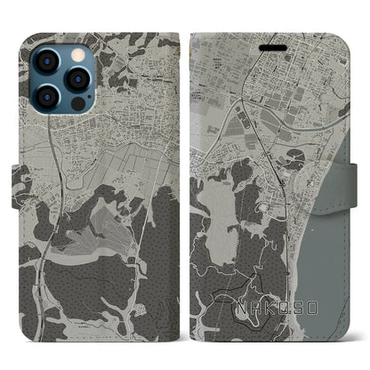 【勿来（福島県）】地図柄iPhoneケース（手帳タイプ）モノトーン・iPhone 12 / 12 Pro 用