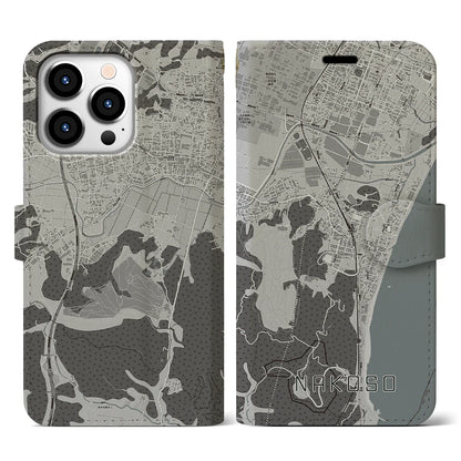 【勿来（福島県）】地図柄iPhoneケース（手帳タイプ）モノトーン・iPhone 13 Pro 用