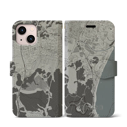 【勿来（福島県）】地図柄iPhoneケース（手帳タイプ）モノトーン・iPhone 13 mini 用