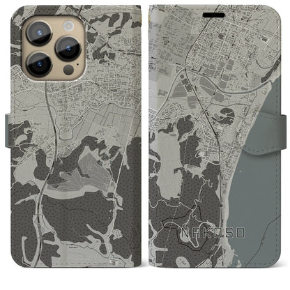 【勿来（福島県）】地図柄iPhoneケース（手帳タイプ）モノトーン・iPhone 14 Pro Max 用